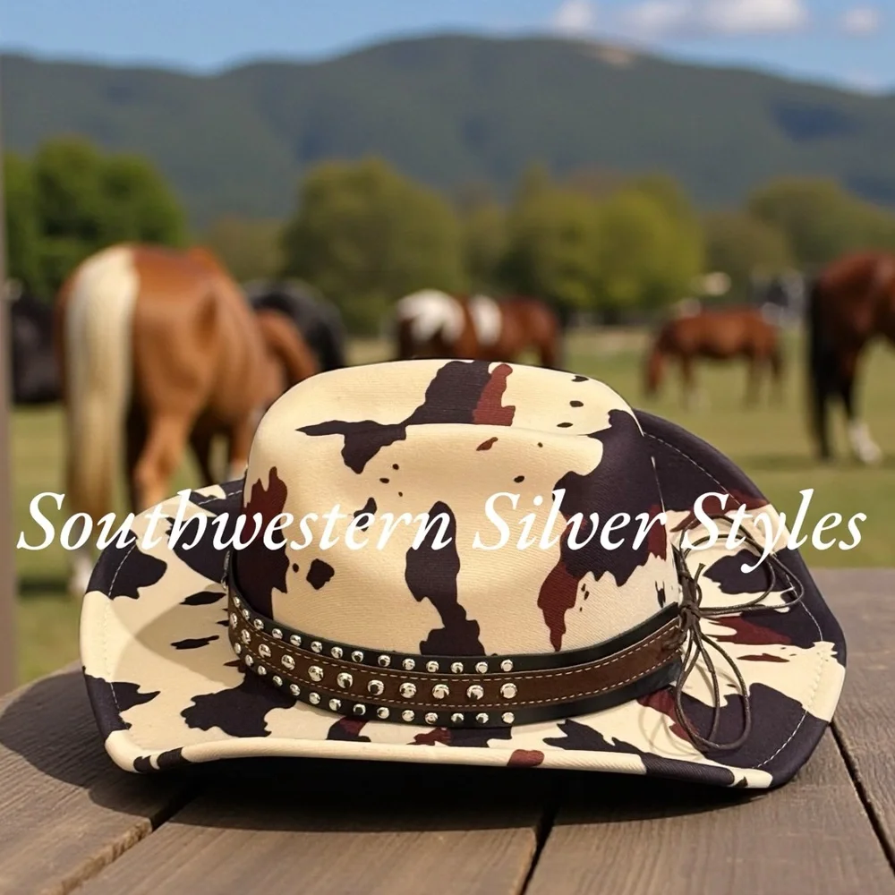 NEW Southwestern Cowhide Print Vegan Suede Leather Light Tan Brown Cowboy Hat